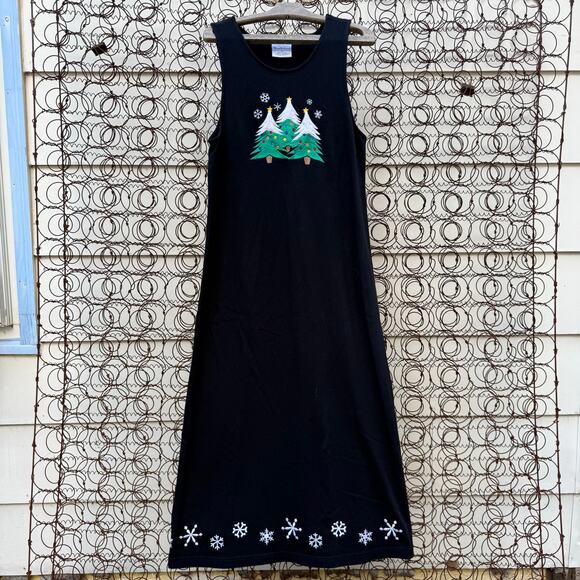 Vntage Dresses & Skirts - Vintage 90s Westbound Christmas Trees Snowflakes Embroidered Long Black Dress S